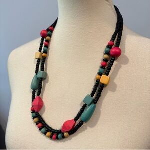 Vintage 1980s Wood Bead Black, Yellow, Blue and Pink Double Strand Necklace